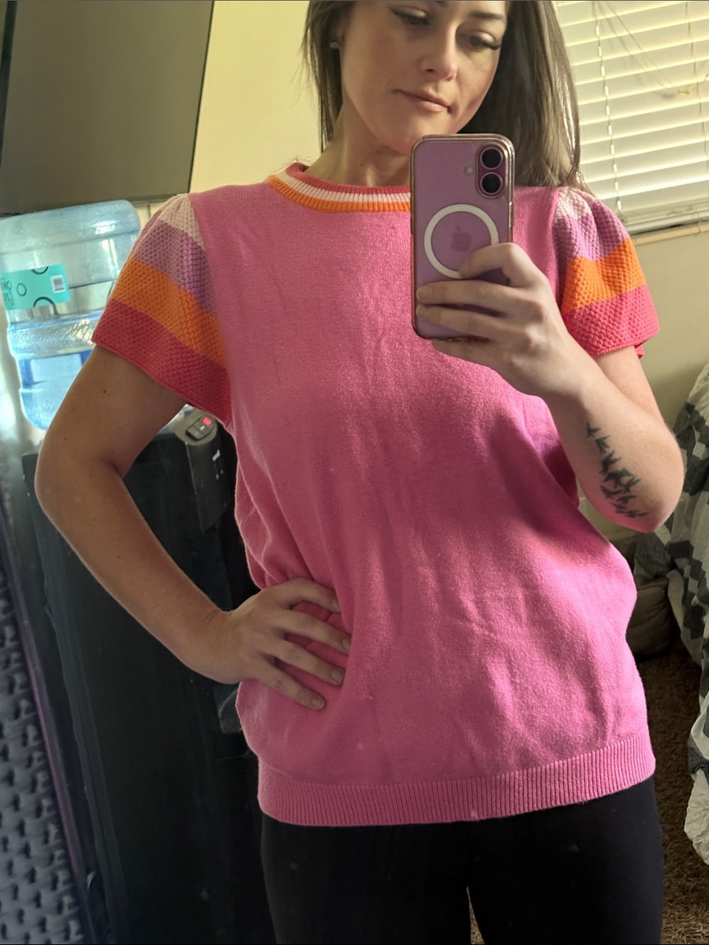 Pink SOFT size M Short-Sleeve Knit Top with Orange Accent